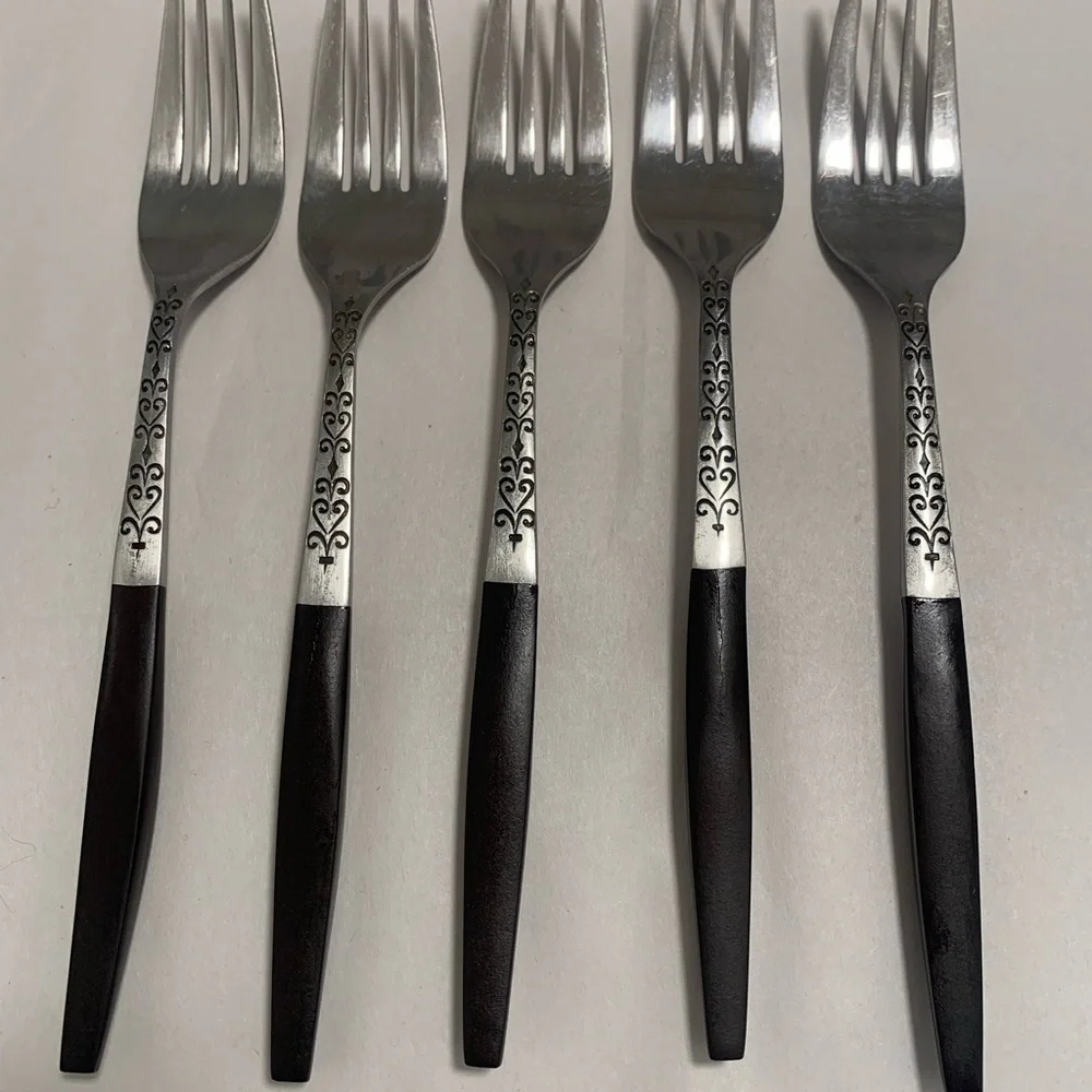 VTG Flatware INR2 by Interpur 8” Dinner Fork, Stainless w/Brown Handle, Set of 5